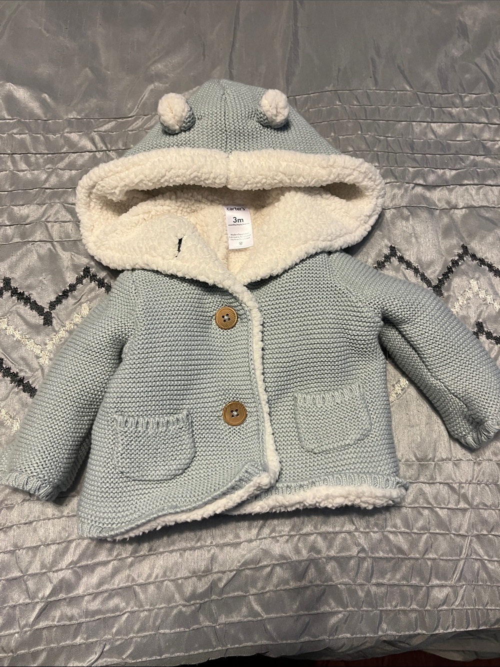 Plush Lined Baby Hooded Knit Jacket - Light Blue